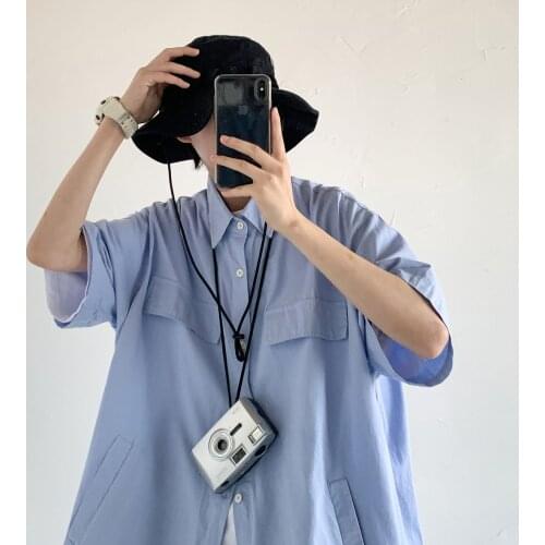 2021 Summer Mens Fashion Trend Short Sleeve Cargo Shirts Simple Camisa Masculina Streetwear Clothes Solid Color Shirts M-2XL