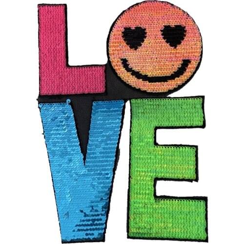SEQUINED LETTER COLOR LOVE IRON ON SMAILE PATCHES FOR JACKETS DIY APPLIQUE