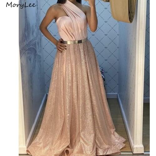 Shining Prom Dresses One Shoulder Sleeveless A-Line Floor Length Prom Dresses With Lace Up Back vestidos de fiesta de noche