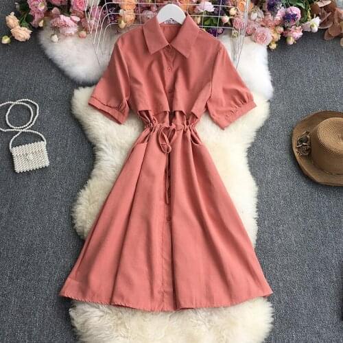 Fitaylor New Summer Office Lady Polo Neck Short Sleeve Single Breasted Long Dress Women Causal A-line Lace-up Solid Color Dress