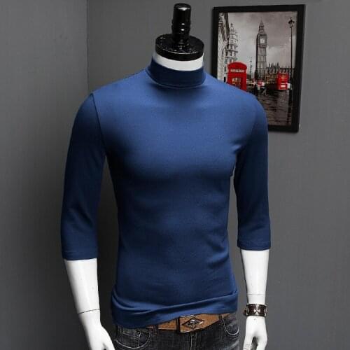 Men Royal Blue T-Shirt Cotton Modal Half High Collar Three Quarter Sleeve T Shirt Men Summer Fashion Tshirt