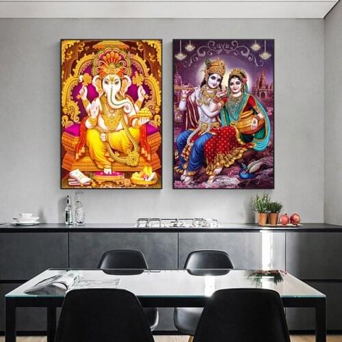 India Religion Golden Lord Ganesha Art Posters and Prints Canvas Painting Wall Art Pictures for Living Room Home Decoration