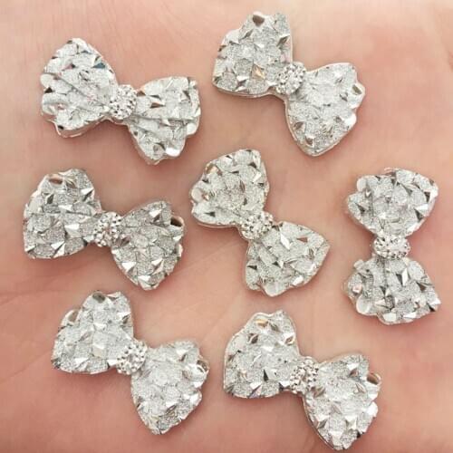 40PCS Kawaii Resin Accessories Silver Bow Gems Flatback Rhinestone Embellishment Applique DIY Craft Supplie OF549