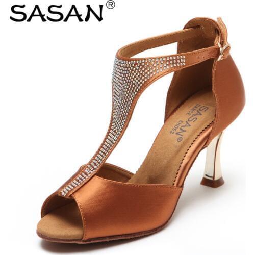 Adult Sneakers Ballroom Latin Dance Shoe Woman Girl Soft Bottom SASAN S-1271 Import Satin Salsa Wear-resistant Cowhide Sole HEEL