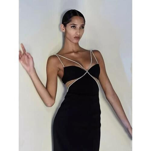 Summer Sexy Womans Clothes Sleeveless Metal Rhinestone Suspenders V-neck See-through Mesh Bodycon Mini Bandage Dress Vestidos