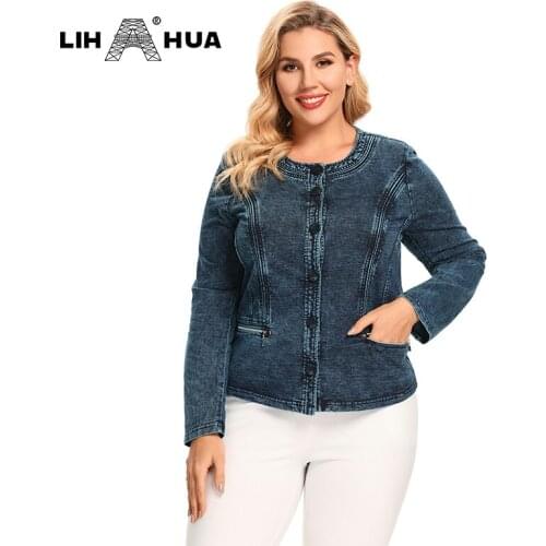LIH HUA Womens Plus Size Casual Fashion Denim Jacket Woman Premium Stretch Knitted Denim with Shoulder Pads