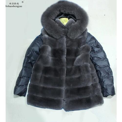 Linhaoshengyue Fashion Women Real Rex Rabbit Fur Coat with Eiderdown Sleeve Detachable Sleeves, Natural Fur
