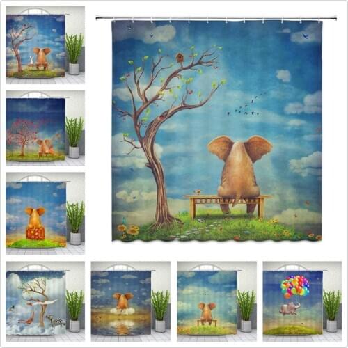 Cartoons Animal Shower Curtains Elephant Zebra Giraffe Balloon Bathroom Decor Waterproof Polyester Cloth Hanging Curtain Set