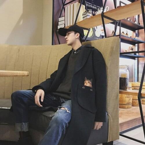 Mens coat in autumn and winter, the new Korean loose windbreaker thickens the long woolen coat