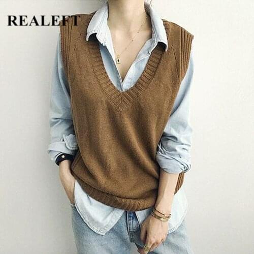 REALEFT Autumn Winter Solid Womens Sweaters Vest 2021 New Sleeveless Casual Loose Pullovers V-Neck Knitted Chic Tops Female