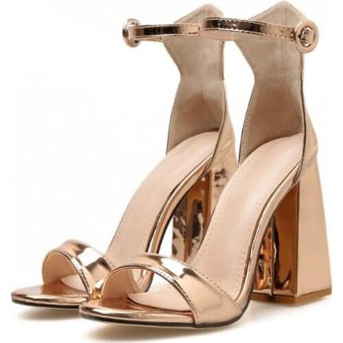 Walking Show high-heeled Shoes Women Sandals Round Toe Patent Leather 10.5CM Thick High heels Buckle Strap women shoessize 35-42