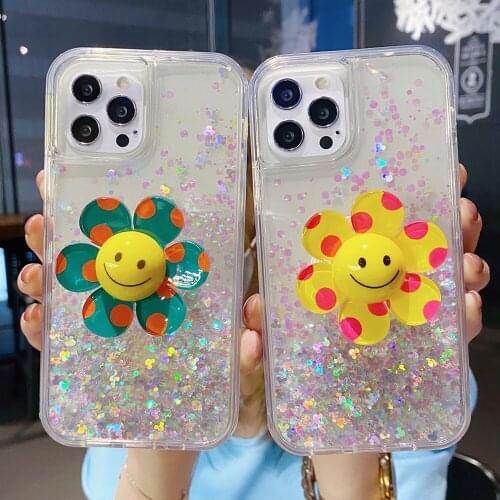 Cute Smiley flowers Bracket Glitter Clear Phone Case For iPhone 12 11 Pro Max Xs 7 8 Plus Xr X SE Dynamic Liquid Quicksand Cover
