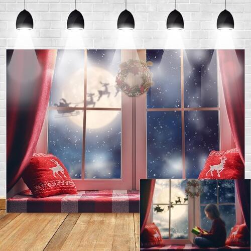 Christmas Backdrop for Party Winter Snowflake Pillow Window Sill Moon Reindeer Santa Garland Wreath Holiday Family Party Kids