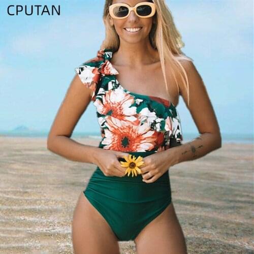 Sexy One Piece Swimsuits Women One Shoulder Swimwear Lace Monokini 2021 Push Up Swim Bodysuit Bathing Suit Beach Wear Female