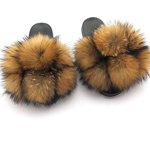 Furry Slides For Women Summer Fluffy Slippers House Women Big Fur Female Sandals Fashion Indoor Ladies Flip Flops With Pompon