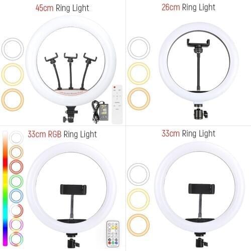 LED Ring Light 26cm/33cm/45cm Selfie Lamp With Phone Clip Holder For Live Makeup Tiktok Photographic Lighting 18 inch Ringlights