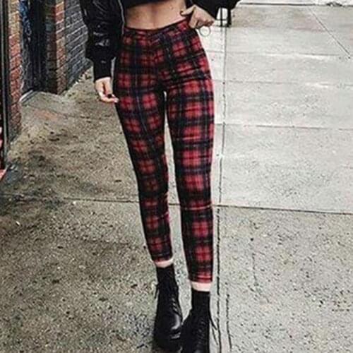 Skinny Pencil Pants Spring Fall Women High Waist Leggings Elastic Fashion Casual Vintage Red Plaid Pants Female Fitness Trousers