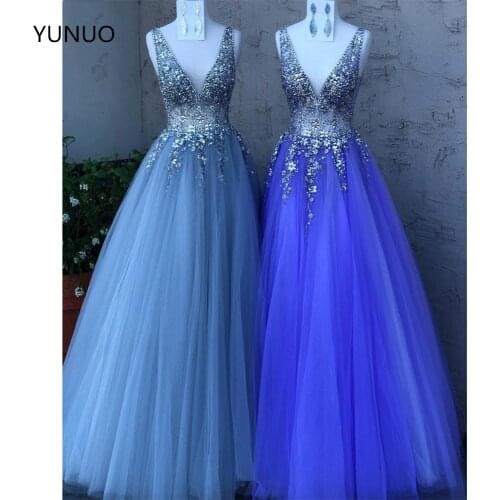 YUNUO Crystals Long Prom Ball Gown Formal Dresses 2021 Sheer Sleeveless vestidos de fiesta Tulle Evening Party Dress 65379