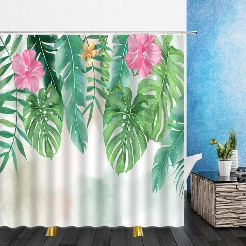 Cartoons Shower Curtains Watercolor Tropical Plant Green Leaf Red Flowers Bathroom Home Decor Waterproof Polyester Cloth Curtain