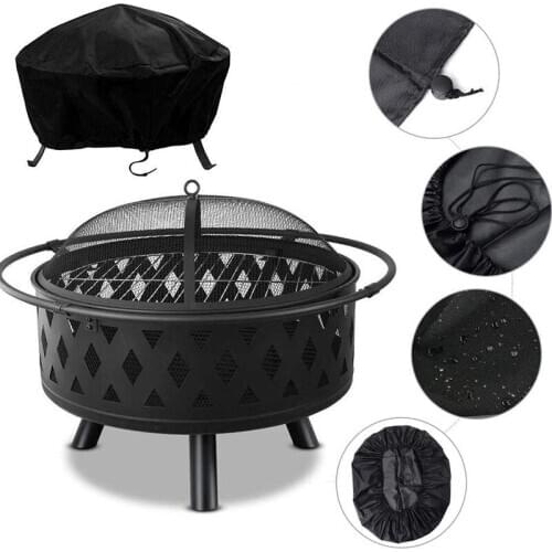 UV Protective Cover Fire Pit Cover Round Waterproof Fire Pit Protection Polyester Black Outdoor Round Barbecue Dust Protection