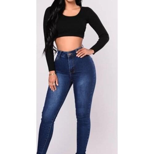 Womens Cotton Jeans New Style High Waist Soft Solid Color Blue Pocket Long Pencil Pants Temperament Work Casual Long Leggings