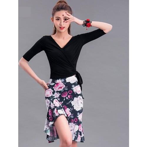Ballroom Black Shirt Printed Skirt Latin Dancer Adult Suit Modal Ice Silk Tops Women Practice Dance Tango Cha Cha Rumba Costumes