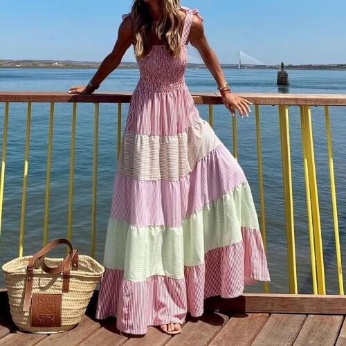 Boho Pink Striped Long Maxi Dresses for Women 2021 Summer Sundresses Sexy Wide Strap Knotted Bow Sleeveless Dress for Party Club