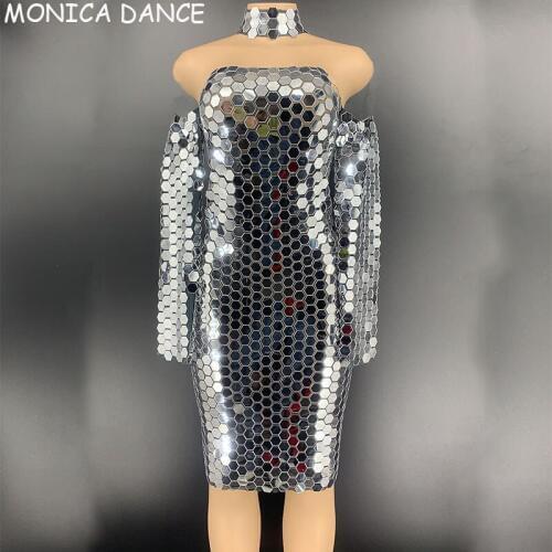 Women Nightclub Sexy Stage Silver Full Mirror Short Dress Prom Birthday Celebrate Transparent Outfit Women Singer Show Dress