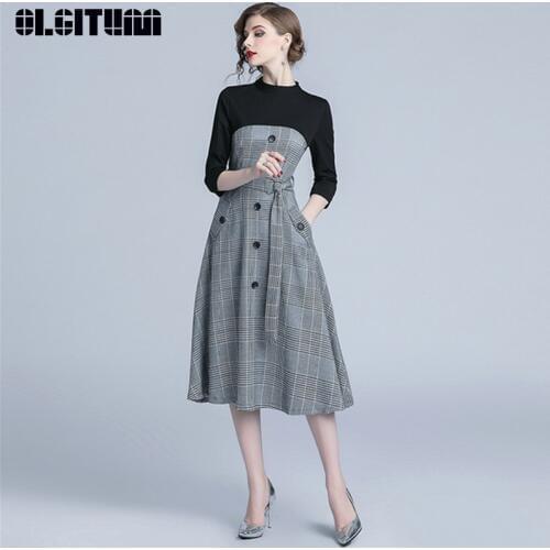 New Autumn/Winter Women Black/Gray Plaid OL Elegant Temperament Slim Dress with Belt 2020 S-XL Three Quarter Sleeves Vestido