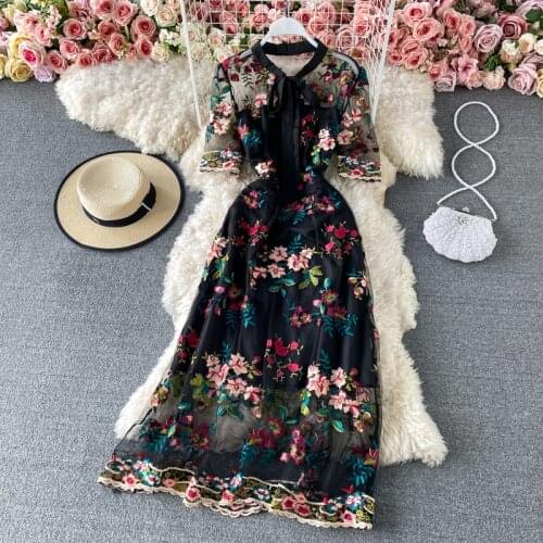 ZQLZ Women Spring Summer Dress Retro Court Style Embroidered High Dress Round Neck Slim Fashion Luxury Dress Feminine Dress