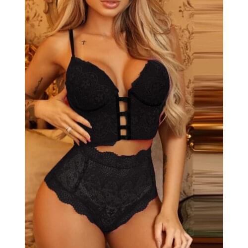Women Sexy Lingerie Sleeveless Nightwear Outfits Pure Color Lace Top Bra Thong Halter Erotic Sex Costume Two Pieces Sets