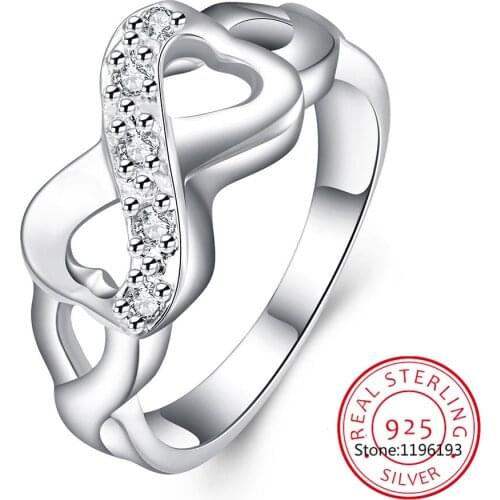 100% 925 Sterling Silver Infinity Love Forever Heart Clear CZ Finger Ring for Women Wedding Engagement Jewelry SCR415