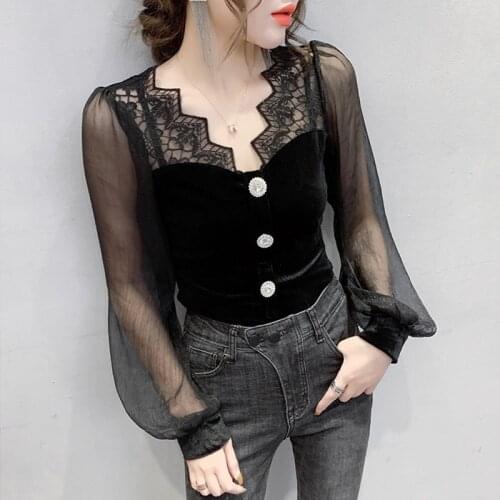 #5646 Black Velour Spliced Lace T Shirt Women Sexy V Neck Single Breasted Tee Shirt Femme See Through Casual Womens Tee Shirts