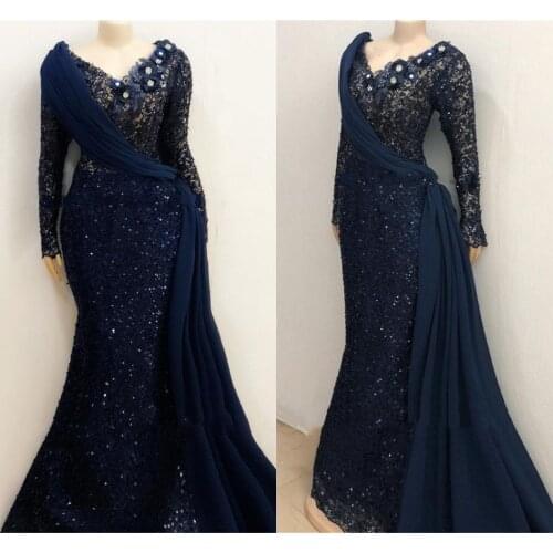 African Long Sleeves Lace Mermaid mother of the bride dresses Aso Ebi Long Sleeves Pleats Navy Blue Prom mother Gowns Robe De