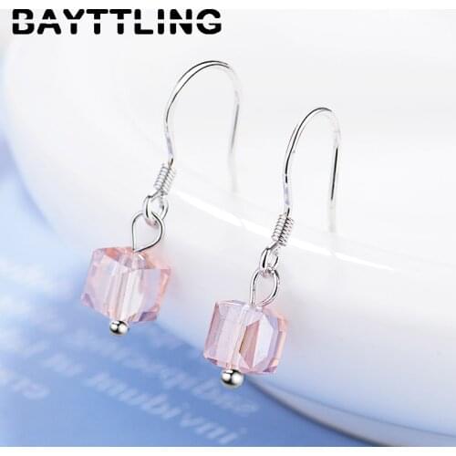 BAYTTLING New 925 Sterling Silver 20MM Multicolor Square Crystal Drop Earrings For Women Fashion Wedding Jewelry Gift Earrings