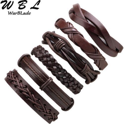 WarBLade 6pcs/Set Fashion Brown Genuine Leather Bracelet Men Charm Braided Bracelets Bangle Punk Wrap Wristband For Male Vintage