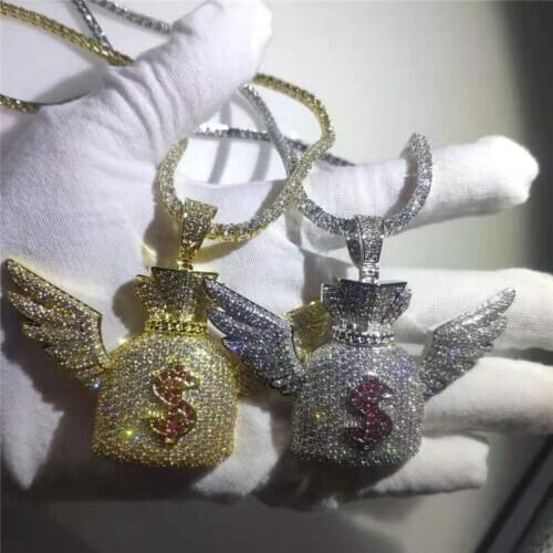 Hip Hop Full Cubic Zircon Angel Wing US Dollar Purse Money Bag Pendants Necklace For Men Iced Out Bling Jewelry Christmas Gifts