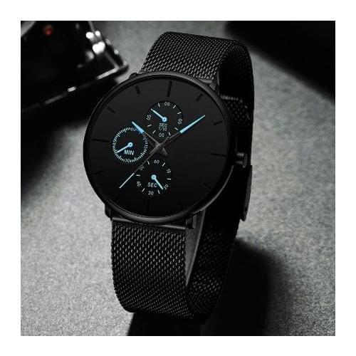 Fashion trend casual slim three-eye blue needle mesh steel black mesh strap watch unisex stainless steel quartz watch