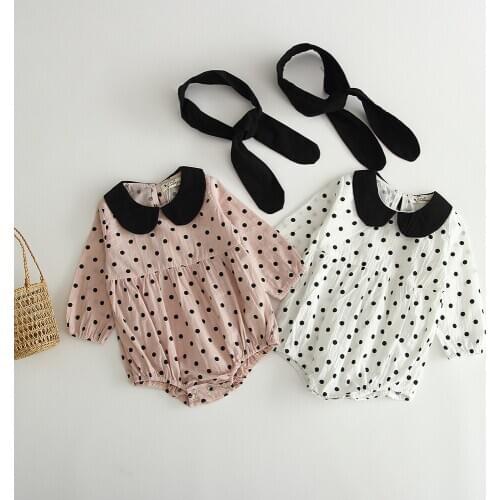 Baby Girls Palka Dot Rompers Long Sleeve Peter Pan Collar Rompers Baby Princess Triangle Jumpsuit Toddler Kids Autumn Clothing