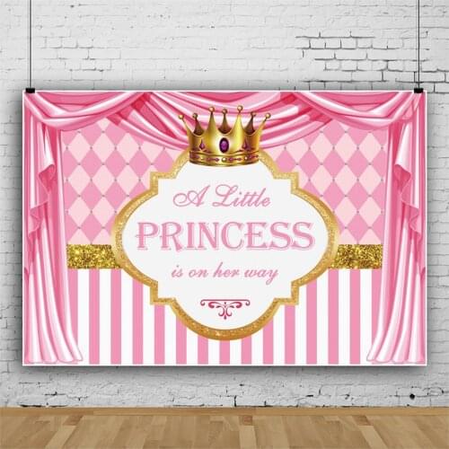 Welcome Newborn Little Princess Backdrop Gold Crown Grid Pattern Pink Curtrain Girl Birthday Cake Table Poster Background Photo