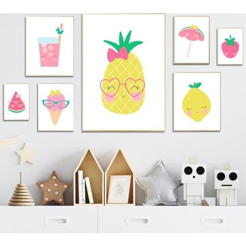 Minimalist Canvas Painting Cute Pineapple Strawberry Lemon Ice Cream Beverage Picture Wall Art Poster Print Kids Room Decoration
