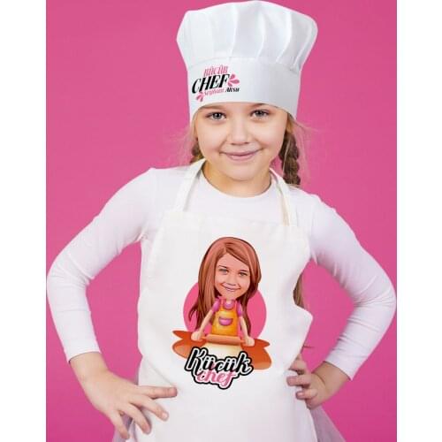 Personalized Small Chef Caricature Of Girl Children Kitchen apron And Chef 'S Hat set-4