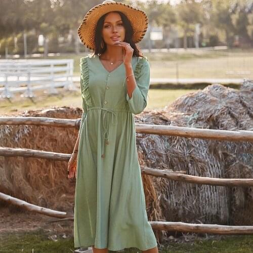 Summer Leisure Vacation Maxi Dresses Long Sleeve V-neck High Waist Lace-up Button Robe Elegant Lace Casual Beach Dress 2 Colors