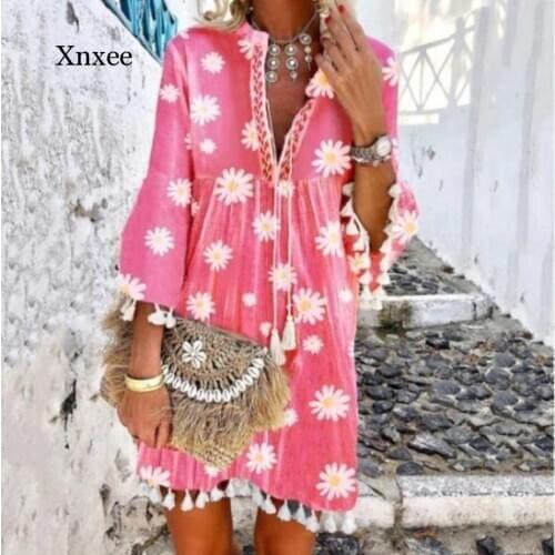 Beach boho white lace Boho Mini Dress Women Autumn Pop Tassel loose V Neck Dresses Lady Beach Female Clothing floral pink boho