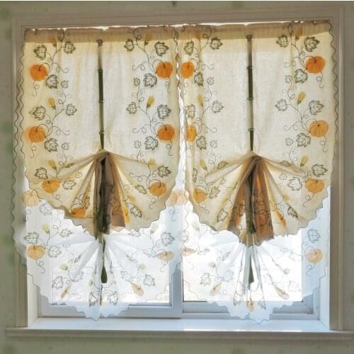 Pastoral Velcro Roman Curtains for Kitchen Double Layer Semi-Blackout Pumpkin Embroidery Lift Curtain Hollow Out Fan Drapes