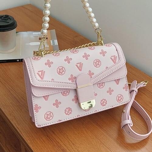 Pearl Chain Womens Small Bag Printed Flower Crossbody Bags Vintage Square Handbags Simple Designer 2021 Female Shoulder Bag Sac