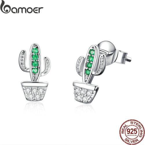 BAMOER Genuine 925 Sterling Silver Green Cactus Plant Fashion Stud Earrings for Women Clear Cubic Zircon Jewelry SCE522