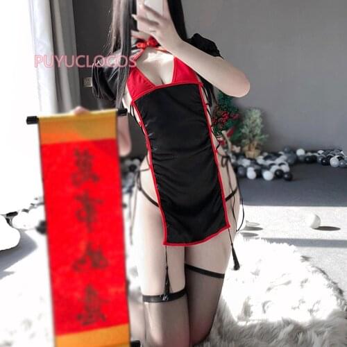 Women Cosplay Costume Sexy Erotic Lingeries Club Wear Maid Waitress Uniform Black Red Vintage Qipao Cheongsam Dress Nightgowns