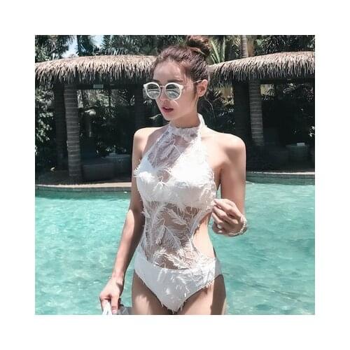 Swimsuit Lady Sexy See-through Feather Lace Neck Triangle One-piece Swimsuit Bikini Slim White One Piece Swimsuit
