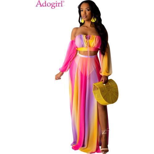 Adogirl Rainbow Stripe Print Chiffon Dress Women Two Piece Set Strapless Off Shoulder Long Sleeve Crop Top High Slit Maxi Skirt